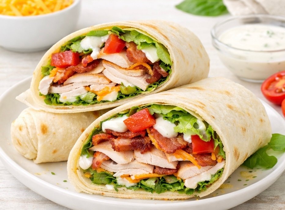 Two halves of a tightly rolled turkey bacon ranch wrap stacked on a white plate. The cross-section clearly displays layers of sliced turkey breast, crispy bacon strips, shredded cheddar cheese, diced tomatoes, fresh green lettuce, and a drizzle of creamy ranch dressing.