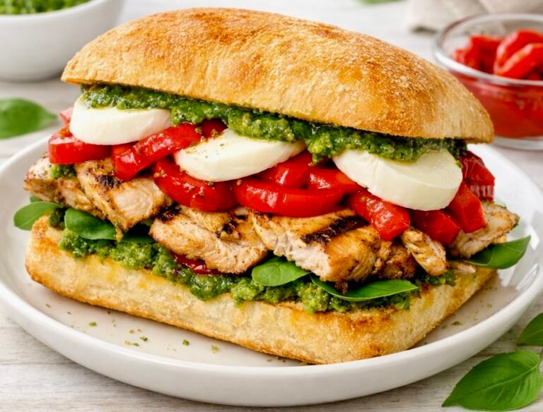 A gourmet Grilled Pesto Chicken Ciabatta Sandwich sliced in half, showing melted mozzarella, fresh tomato, and vibrant green pesto.