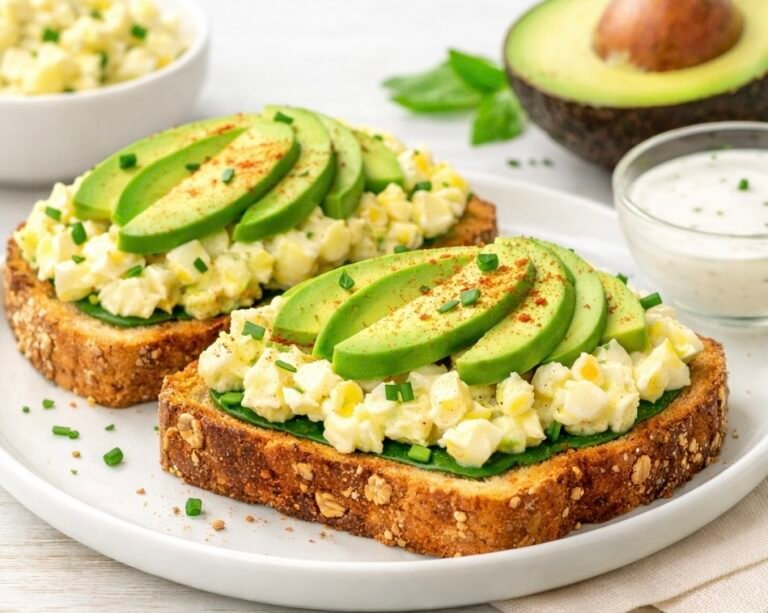 Slices of whole-grain toast topped with a vibrant Healthy Avocado Egg Salad, garnished with fresh chives and red pepper flakes.