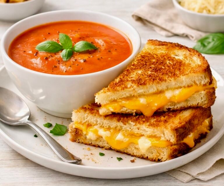 A bowl of velvety creamy tomato soup and grilled cheese sandwich cut into triangles.