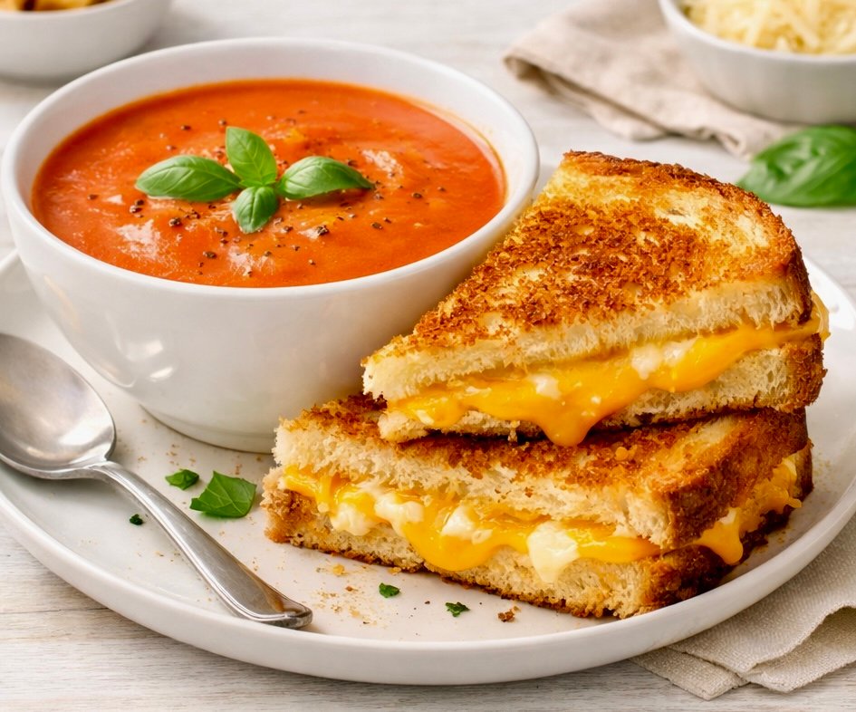 A bowl of velvety creamy tomato soup and grilled cheese sandwich cut into triangles.