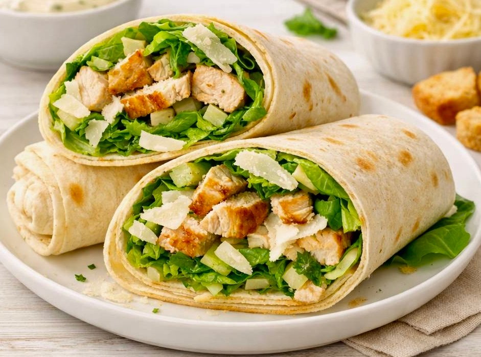 A tightly rolled Easy Grilled Chicken Caesar Wrap sliced in half, showing layers of grilled chicken strips, creamy Caesar salad, and Parmesan cheese.