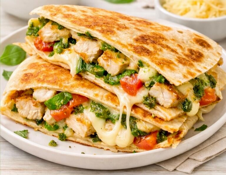 Two hot halves of a crispy, golden-brown folded chicken pesto tortilla melt stacked on a plate. Thick strands of melted white cheese ooze out alongside grilled chicken chunks, bright red tomatoes, and green basil pesto.