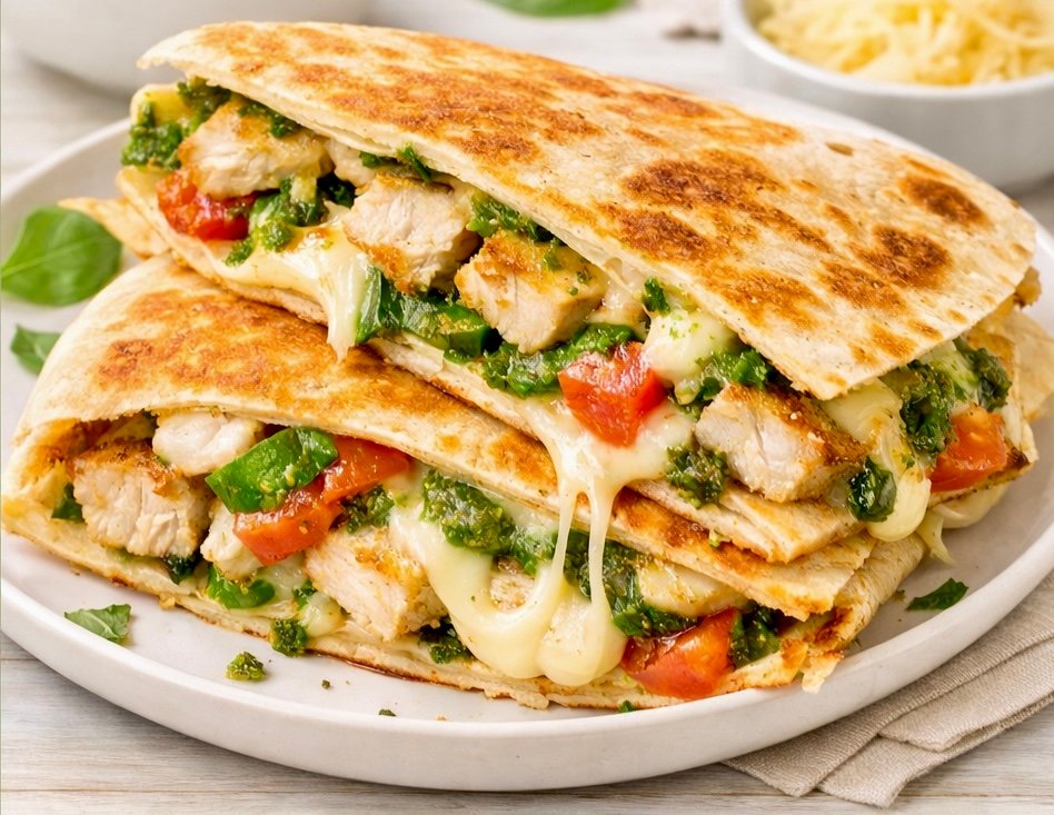 Two hot halves of a crispy, golden-brown folded chicken pesto tortilla melt stacked on a plate. Thick strands of melted white cheese ooze out alongside grilled chicken chunks, bright red tomatoes, and green basil pesto.