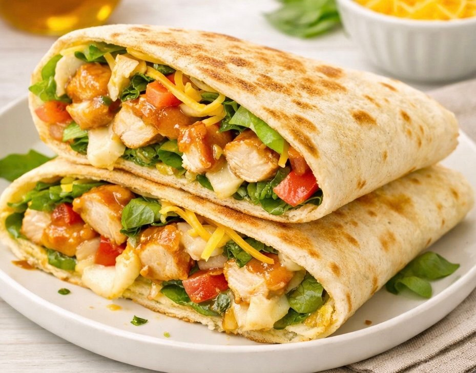 Two halves of a tightly rolled turkey bacon ranch wrap stacked on a white plate. The cross-section clearly displays layers of sliced turkey breast, crispy bacon strips, shredded cheddar cheese, diced tomatoes, fresh green lettuce, and a drizzle of creamy ranch dressing.