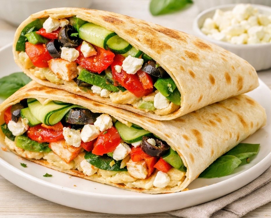 A colorful healthy Mediterranean veggie wrap sliced in half, showing layers of hummus, spinach, tomatoes, and feta.