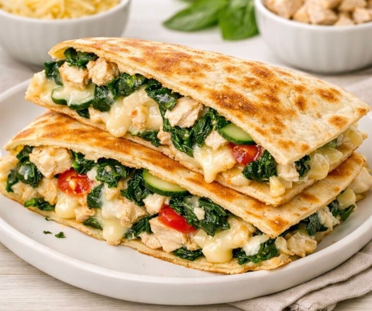 Two large halves of a toasted chicken and spinach quesadilla stacked on a white plate. Strings of melted white cheese ooze out alongside chunks of cooked chicken breast, wilted green spinach, and diced tomatoes.