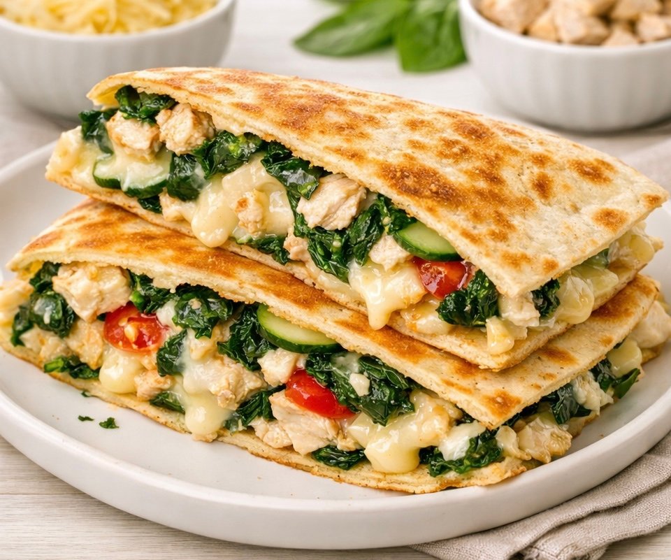 Two large halves of a toasted chicken and spinach quesadilla stacked on a white plate. Strings of melted white cheese ooze out alongside chunks of cooked chicken breast, wilted green spinach, and diced tomatoes.