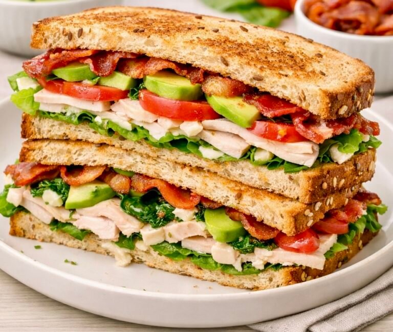A triple-decker Classic Turkey Avocado Club Sandwich cut into triangles, layered with deli turkey, sliced avocado, bacon, lettuce, and tomato.