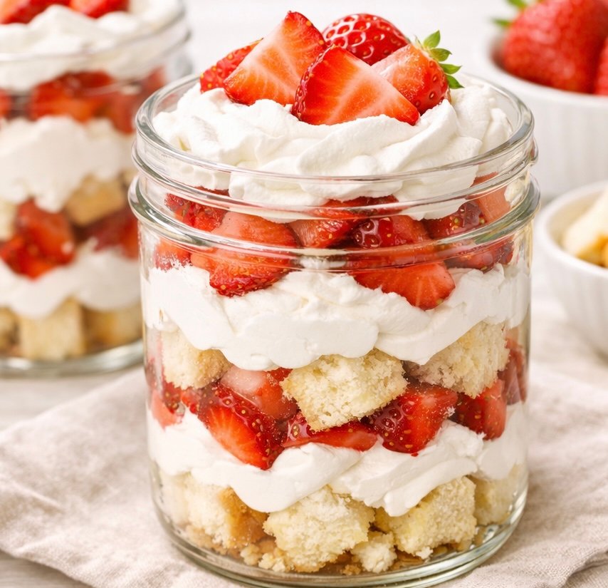 Delicious strawberry shortcake parfaits layered in mason jars with fresh strawberries and whipped cream.