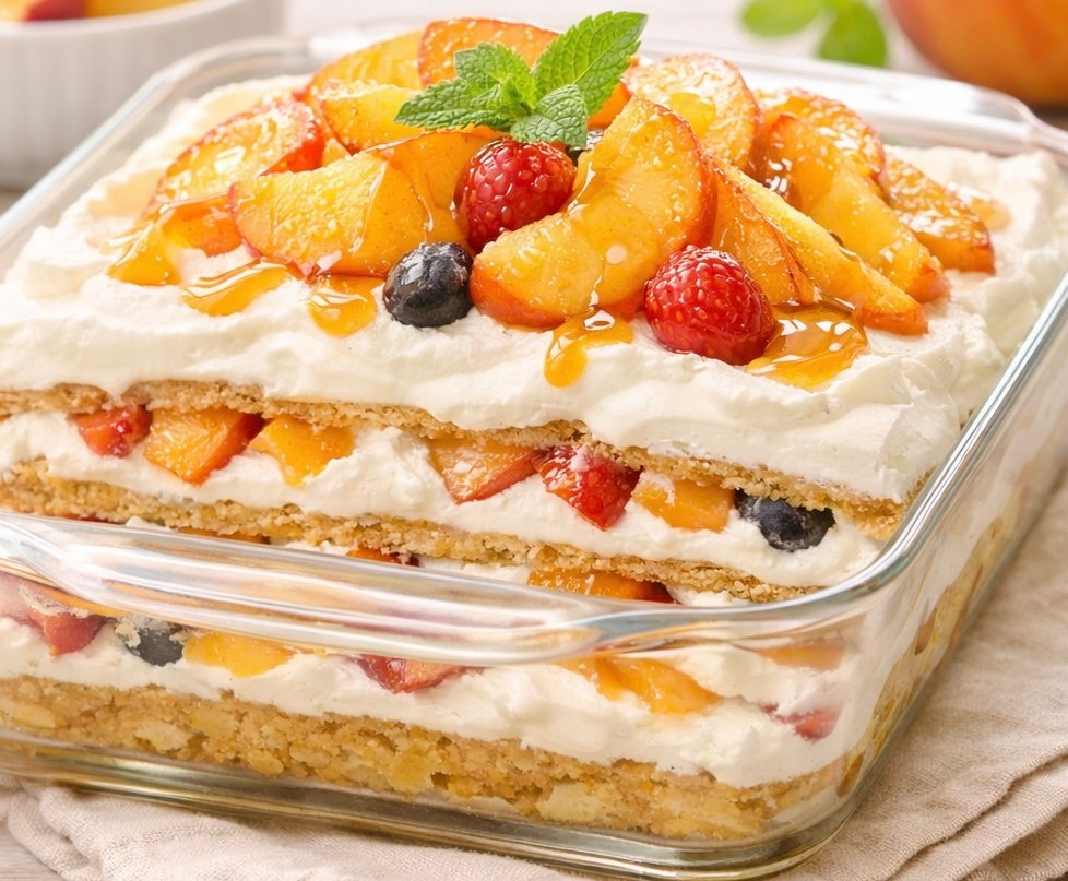 A glass baking dish filled with a layered no-bake peach cobbler icebox cake. Visible layers show graham crackers, whipped Chantilly cream, and sliced fresh peaches. The top is beautifully garnished with peach slices, raspberries, a blueberry, and a fresh mint sprig.
