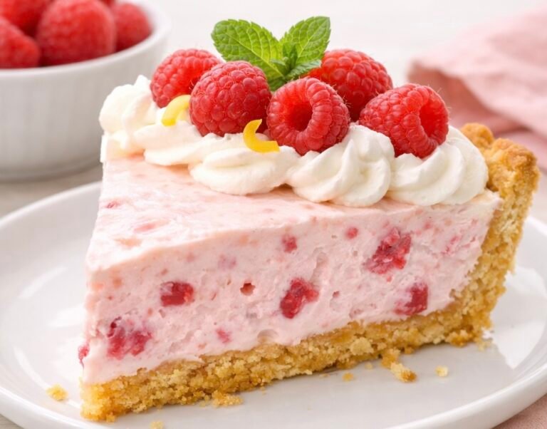 A beautiful slice of creamy raspberry cream pie topped with fresh raspberries on a graham cracker crust.