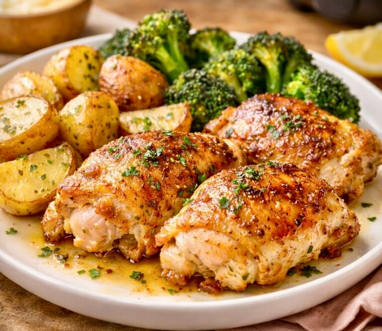 Golden-brown and Crispy Air Fryer Chicken Thighs served on a platter with fresh parsley garnish and a side of roasted vegetables.