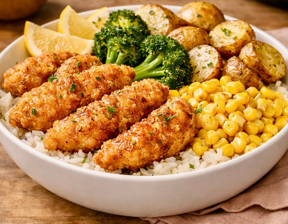 A white ceramic bowl filled with an air fryer comfort dinner. The bowl displays four golden-brown, crispy breaded chicken tenders garnished with parsley, a side of roasted potato rounds, steamed broccoli florets, and bright yellow buttery corn over a bed of white rice.