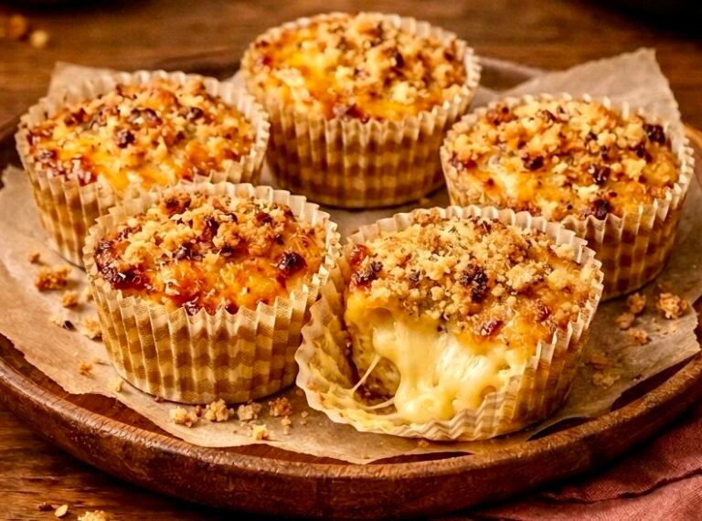 A close-up food photograph of five individual, muffin-shaped mac & cheese cups, based on the presentation in image_2.png. They are golden-brown on top with a visible crispy breadcrumb and melted cheddar topping, served in paper liners on a wooden platter. One cup is cut open to reveal a gooey, stretchy cheese center. The text overlay "Cheesy comfort in every bite." is visible at the bottom.