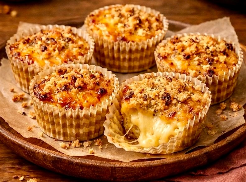 A close-up food photograph of five individual, muffin-shaped mac & cheese cups, based on the presentation in image_2.png. They are golden-brown on top with a visible crispy breadcrumb and melted cheddar topping, served in paper liners on a wooden platter. One cup is cut open to reveal a gooey, stretchy cheese center. The text overlay "Cheesy comfort in every bite." is visible at the bottom.