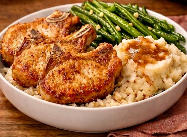 A plate with three golden, crispy pork chops served alongside mashed potatoes topped with brown gravy and sautéed green beans on a white bowl over a wooden surface.