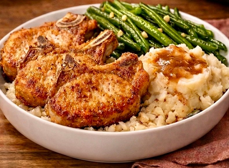 A plate with three golden, crispy pork chops served alongside mashed potatoes topped with brown gravy and sautéed green beans on a white bowl over a wooden surface.