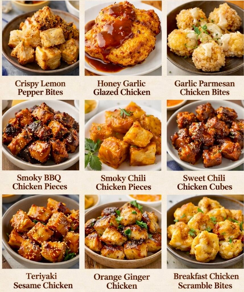 15-Minute Air Fryer Chicken Recipes chart featuring nine dishes - Crispy Lemon Pepper, Honey Garlic, Buffalo Ranch, Garlic Parmesan, Smoky BBQ, Sweet Chili, Teriyaki Sesame, Orange Ginger, and Breakfast Chicken Scramble Bites — displayed in a beige 3×3 grid with ingredient lists and golden chicken photos. Creative Kitchen Bites| Quick Comfort Recipes footer. Recipes chart featuring nine dishes - Crispy Lemon Pepper, Honey Garlic, Buffalo Ranch, Garlic Parmesan, Smoky BBQ, Sweet Chili, Teriyaki Sesame, Orange Ginger, and Breakfast Chicken Scramble Bites — displayed in a beige 3×3 grid with ingredient lists and golden chicken photos. Creative Kitchen Bites| Quick Comfort Recipes footer.