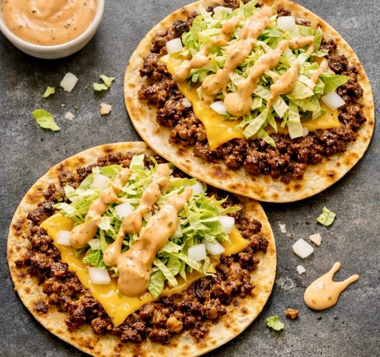 Moody editorial photo of Big Mac Tacos on a dark surface with crispy tortillas, melted cheese, lettuce, onions, and creamy Big Mac sauce drizzled on top.