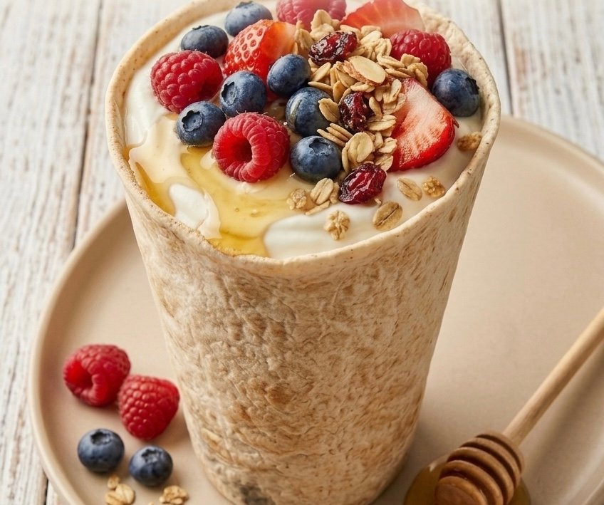 A Fresh Berry Yogurt Pocket Breakfast Recipe shown as a whole-wheat pita filled with thick Greek yogurt, blueberries, and strawberries.