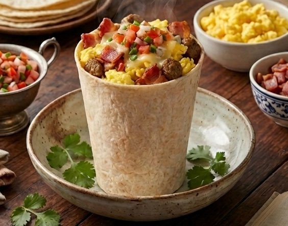 A golden-brown Sausage, eggs and bacon Breakfast Tortilla Pocket sliced in half, showing layers of fluffy eggs, crumbled sausage, and crispy bacon.