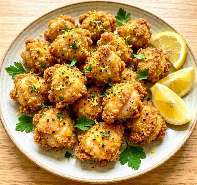 Golden-brown Quick 15-Minute Crispy Lemon Pepper Chicken Bites served on a platter with fresh parsley and lemon wedges.