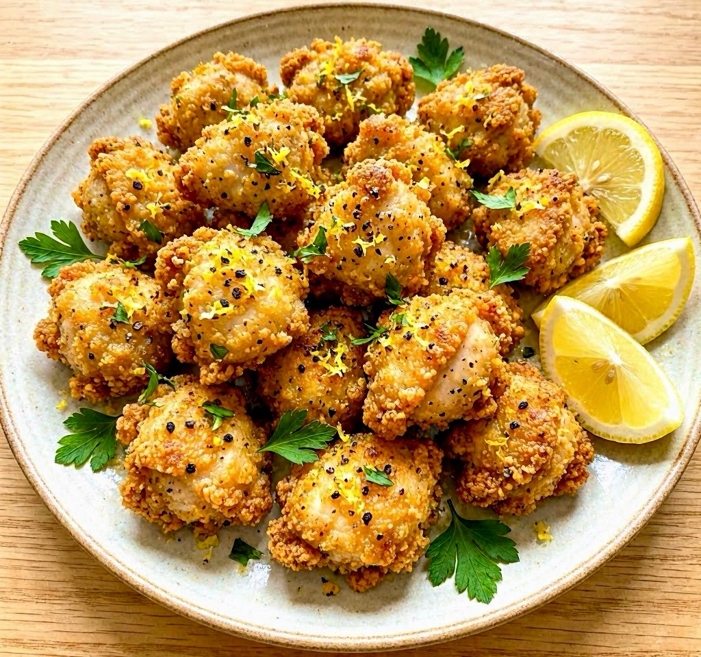Golden-brown Quick 15-Minute Crispy Lemon Pepper Chicken Bites served on a platter with fresh parsley and lemon wedges.