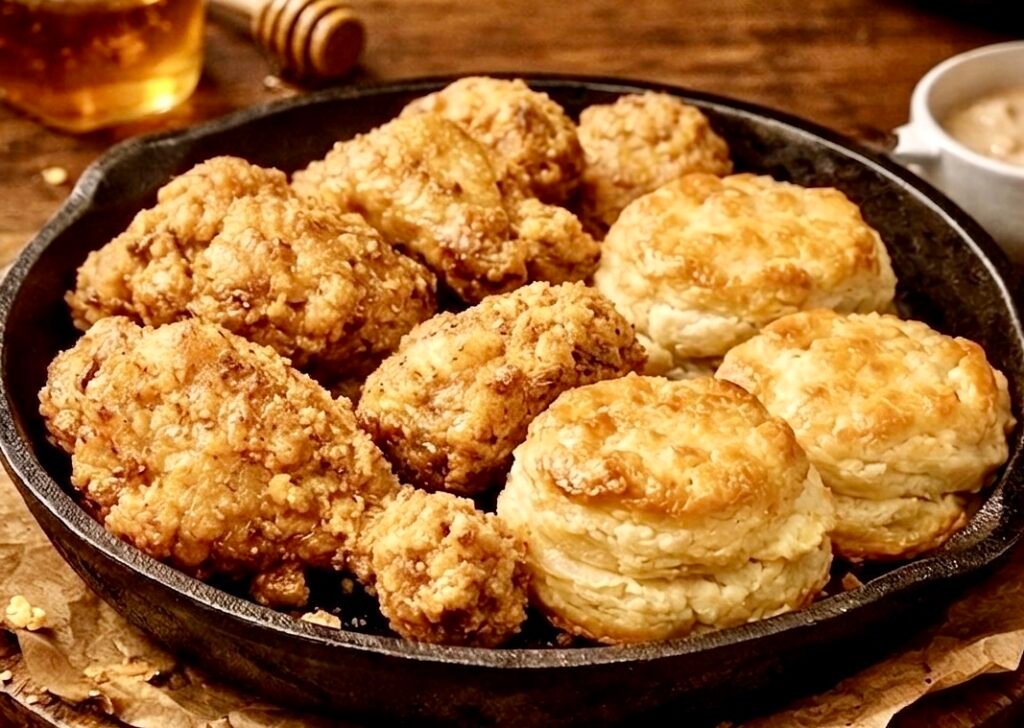 A golden-brown Easy Air Fryer Chicken and Biscuits dish served in a white ceramic bowl, featuring flaky biscuit tops and a creamy chicken gravy.