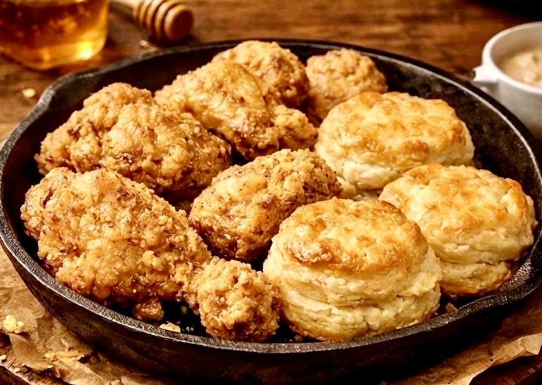 A golden-brown Easy Air Fryer Chicken and Biscuits dish served in a white ceramic bowl, featuring flaky biscuit tops and a creamy chicken gravy.