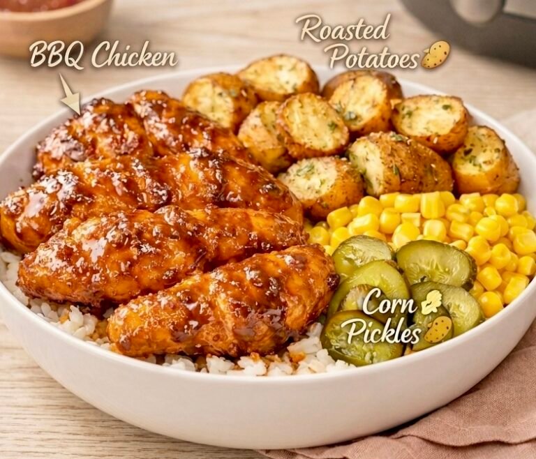 A vibrant Easy Air Fryer BBQ Chicken Bowl featuring glazed chicken pieces, roasted peppers, and corn over a bed of fluffy quinoa.