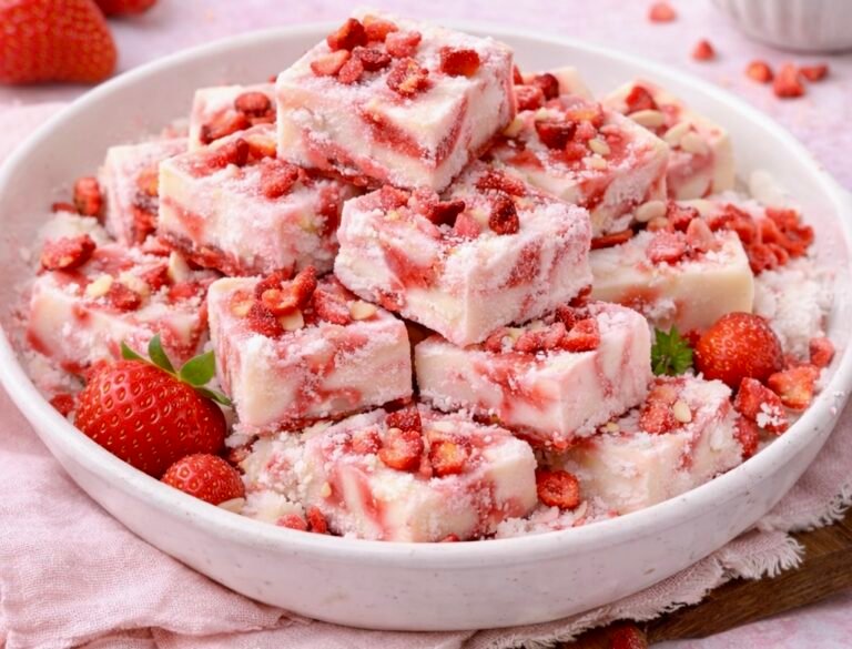 Frozen strawberry yogurt bites arranged on a white tray — creamy yogurt swirled with strawberry puree and topped with freeze‑dried berry pieces.