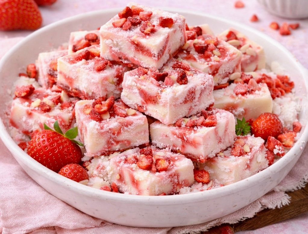 Frozen strawberry yogurt bites arranged on a white tray — creamy yogurt swirled with strawberry puree and topped with freeze‑dried berry pieces.