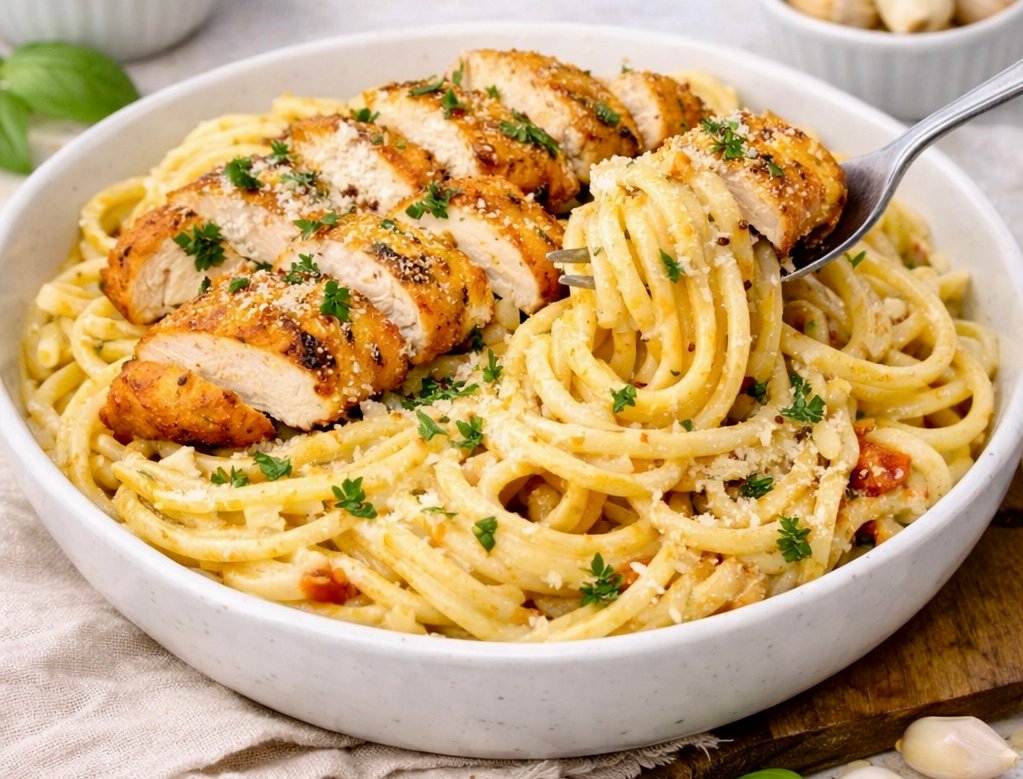 A creamy bowl of Garlic Parmesan Chicken Pasta with shredded chicken and a sprinkle of fresh parsley.