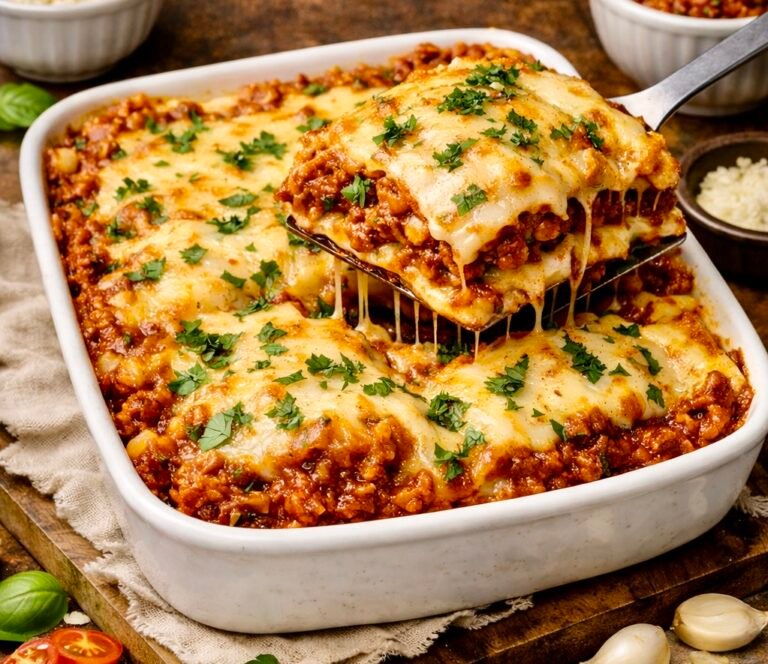 A bubbling dish of Dumpling Lasagna with golden-brown melted mozzarella cheese and fresh basil garnish.