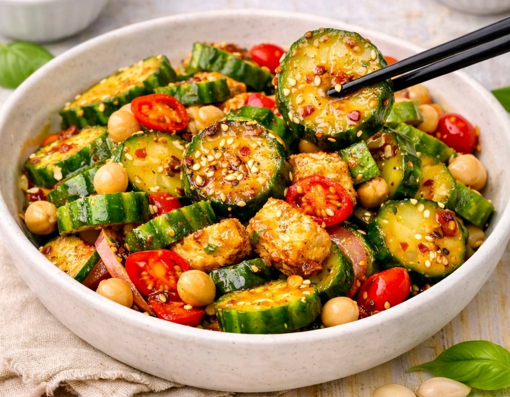 Spicy Cucumber Salad. A bowl of sliced cucumbers tossed in a vibrant red spicy chili oil dressing.