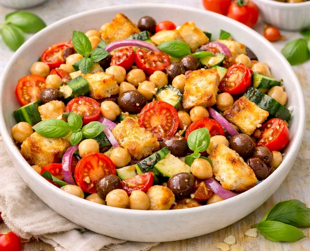 Tuscan Chickpea Panzanella Bowl. A colorful bowl of chickpeas, tomatoes, toasted bread cubes, and basil.