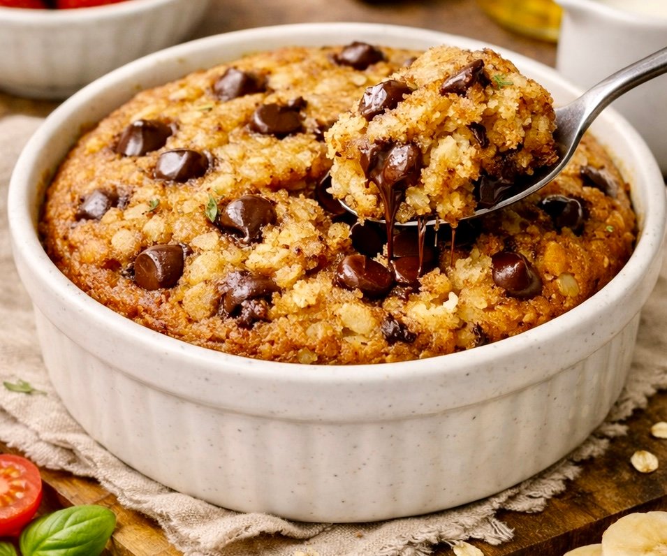 A warm ramekin of TikTok Baked Oats with a fluffy, cake-like texture and melted chocolate chips on top.