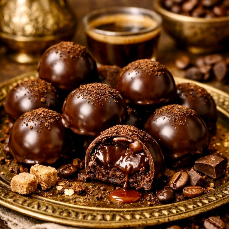 pile of smooth Espresso Ganache Truffles dusted with dark cocoa powder on a marble serving plate.