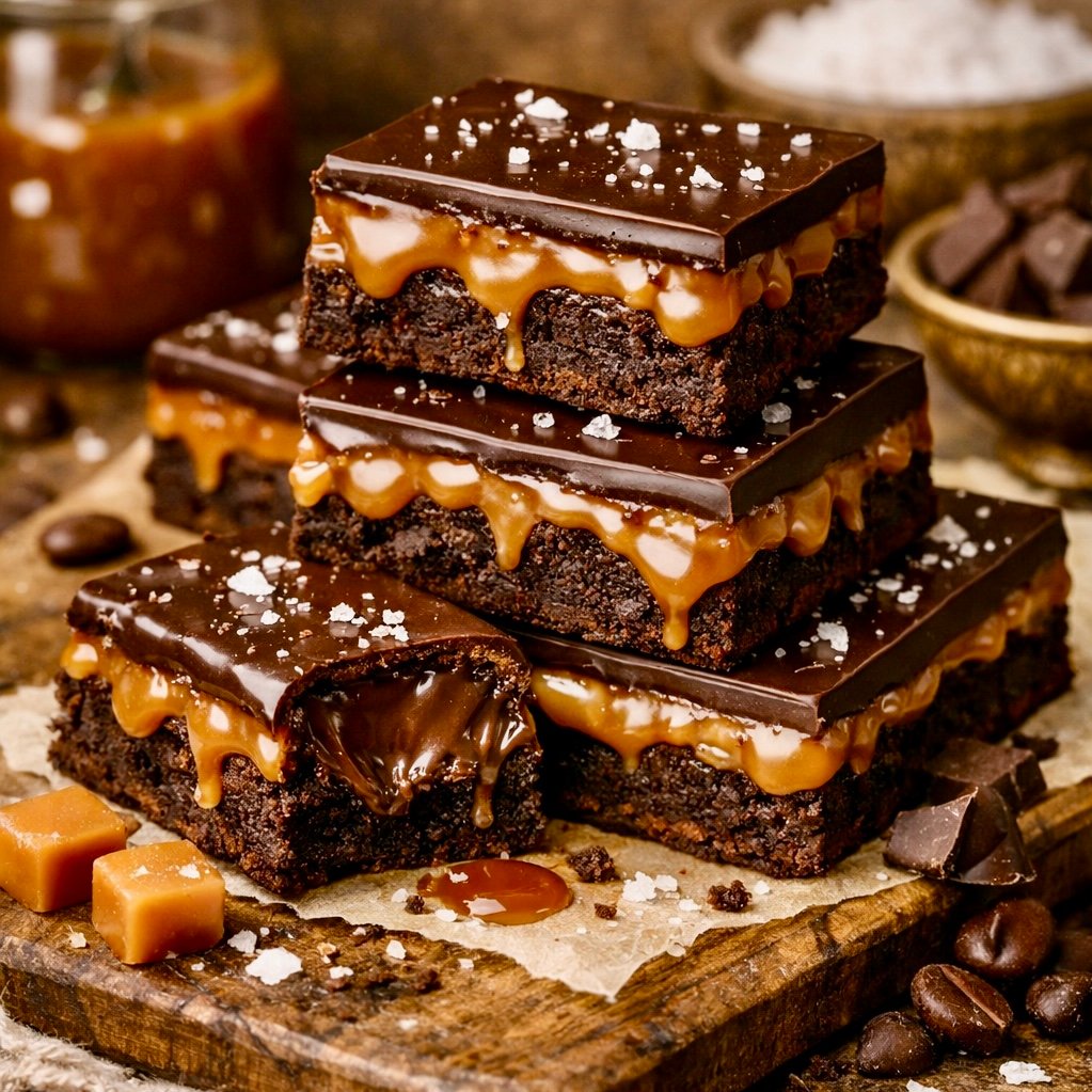 Salted Caramel Brownie Bars with caramel dripping and sea salt sprinkled on top.