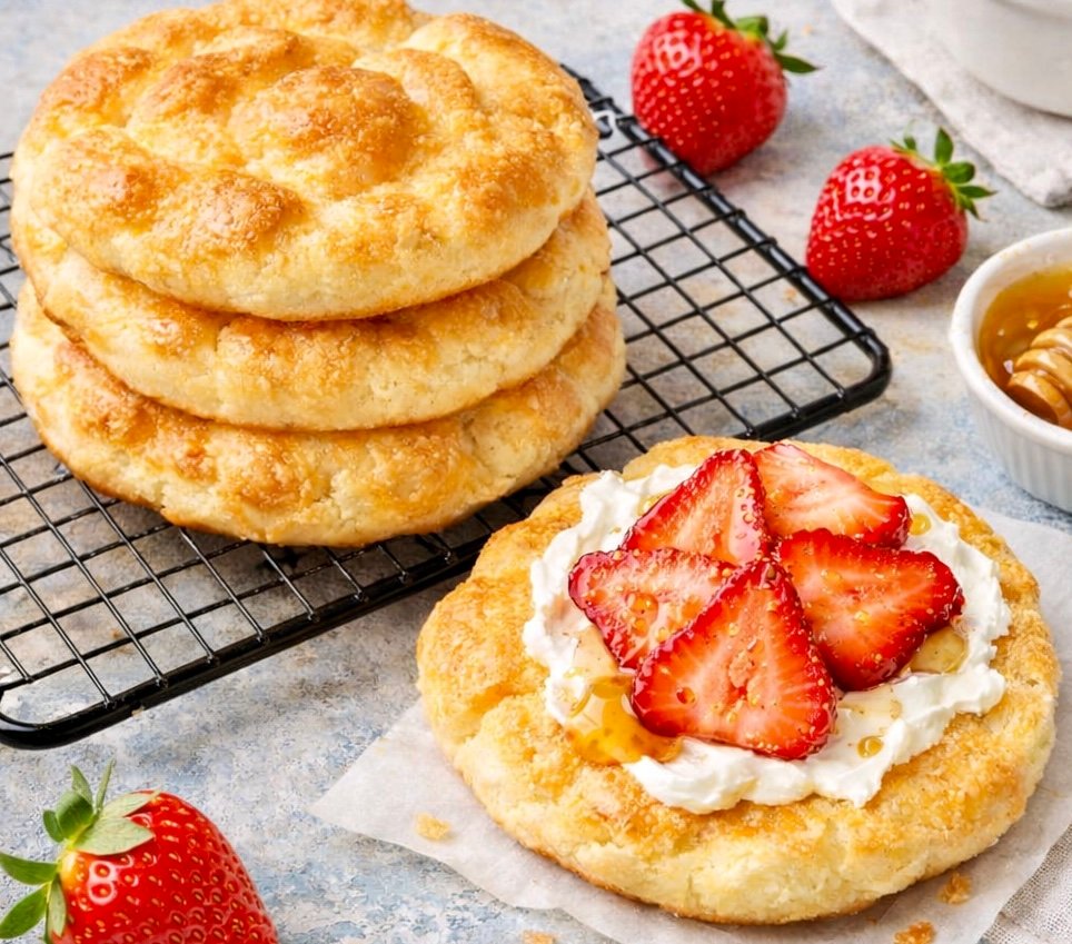 Fluffy golden cloud bread made with cottage cheese on a cooling rack.