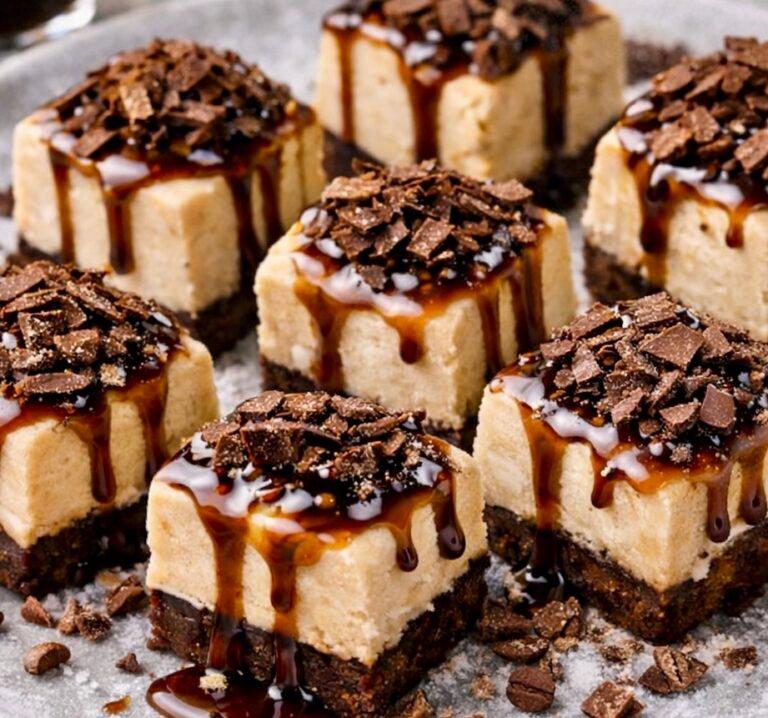Mocha Affogato Bites topped with espresso drizzle and chocolate shavings on a chilled plate.