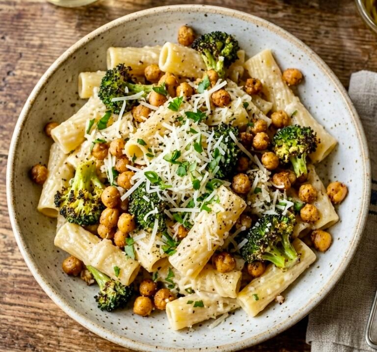 Gallic Parmesan rigatoni with roasted broccoli, crispy chickpeas, fresh Parmesan, and parsley in a white bowl