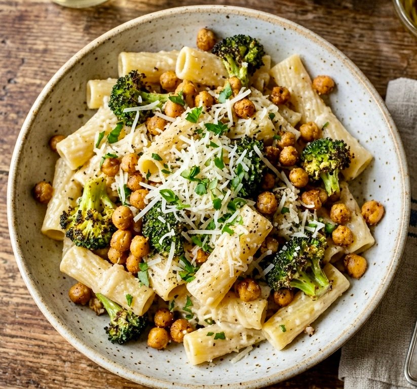 Gallic Parmesan rigatoni with roasted broccoli, crispy chickpeas, fresh Parmesan, and parsley in a white bowl