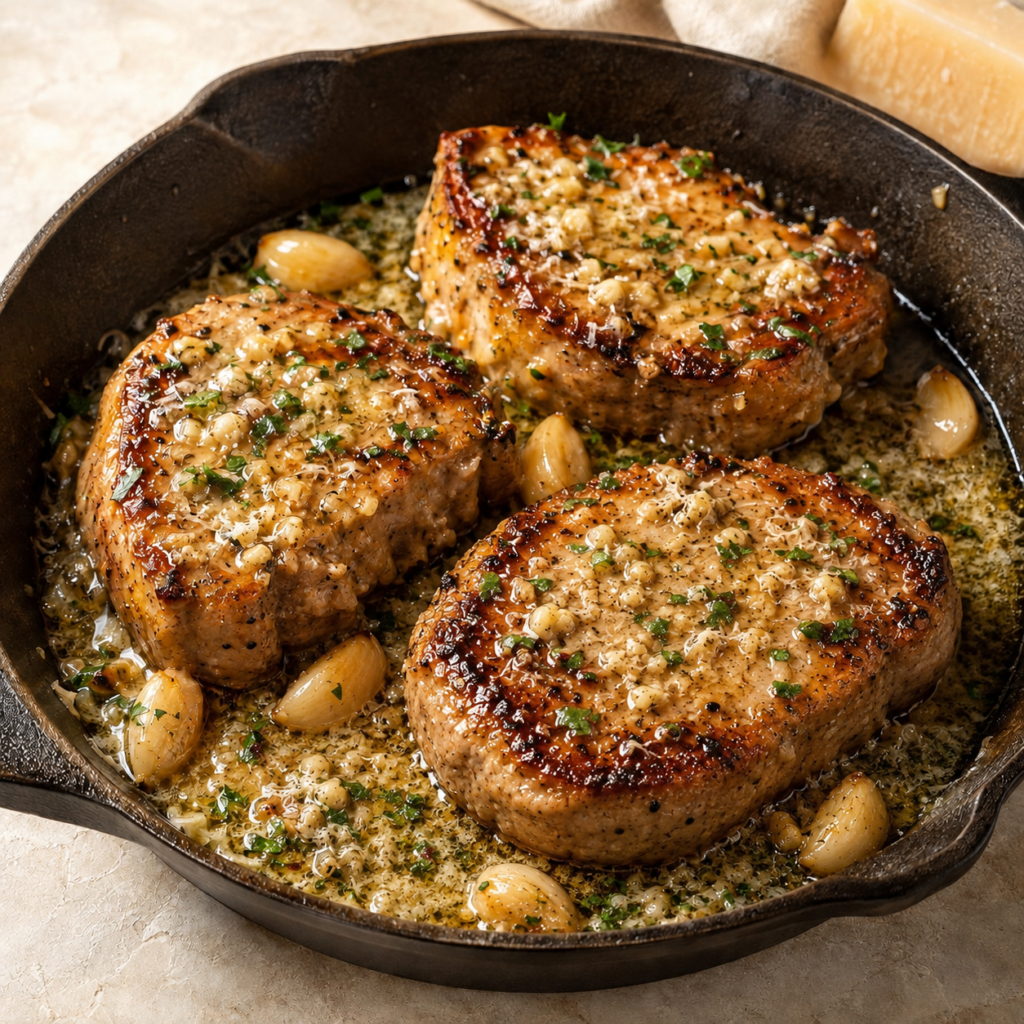 Three whole garlic Parmesan pork chops in a cast-iron skillet with garlic butter, roasted garlic, Parmesan cheese, and parsley.