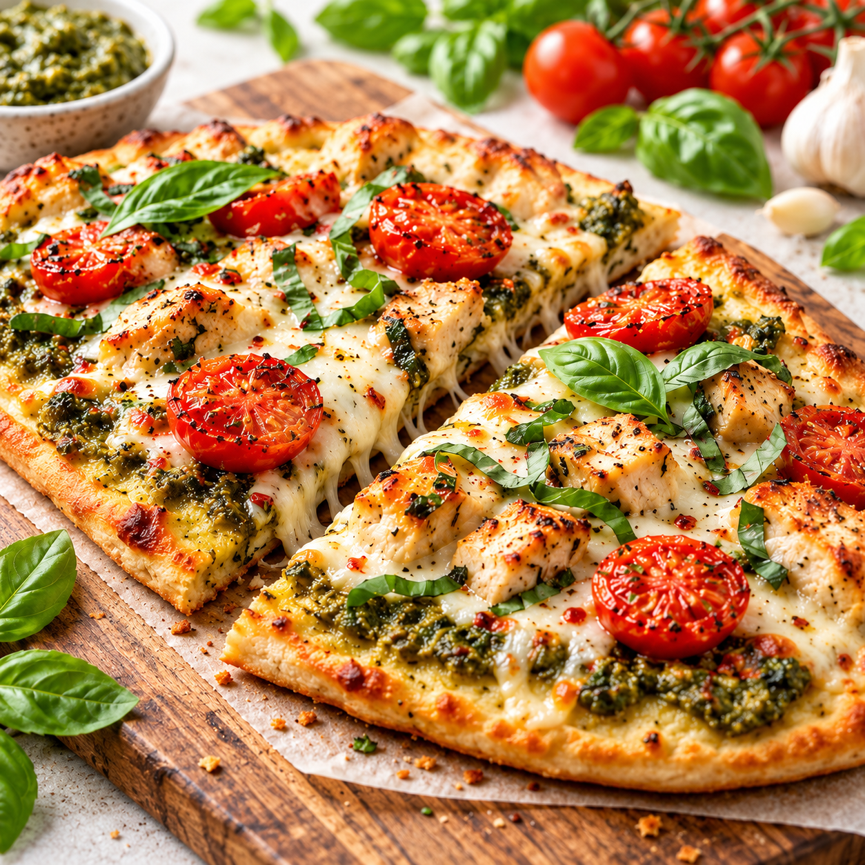 Pesto Chicken Flatbread with Mozzarella Pesto chicken flatbread topped with grilled chicken, melted mozzarella, roasted cherry tomatoes, fresh basil, and pesto on a crisp golden crust.