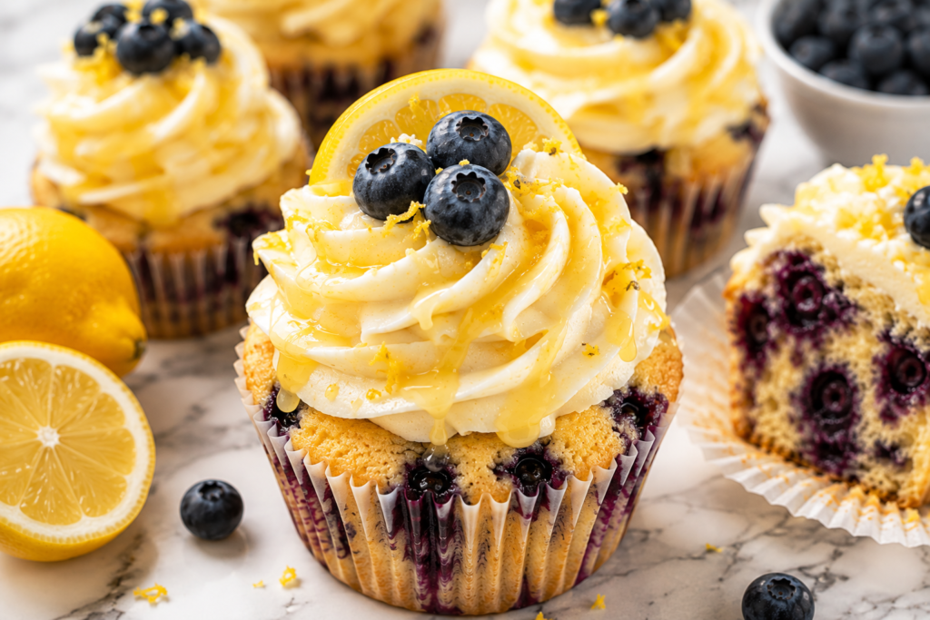 Lemon blueberry cupcakes recipe topped with creamy lemon frosting, fresh blueberries, lemon zest, and a glossy lemon glaze on a marble countertop.