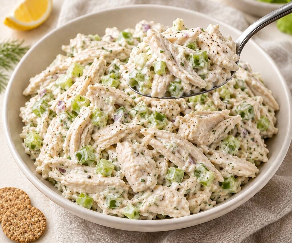 Creamy high-protein cottage cheese chicken salad with ranch flavor served in a bowl and garnished with fresh herbs.
