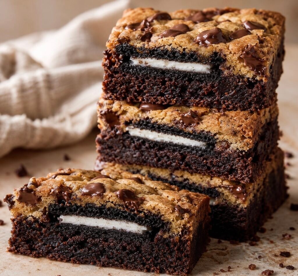 Thick Oreo brookies showing layers of fudgy brownie, whole Oreo cookies with cream centers and chocolate chip cookie dough.