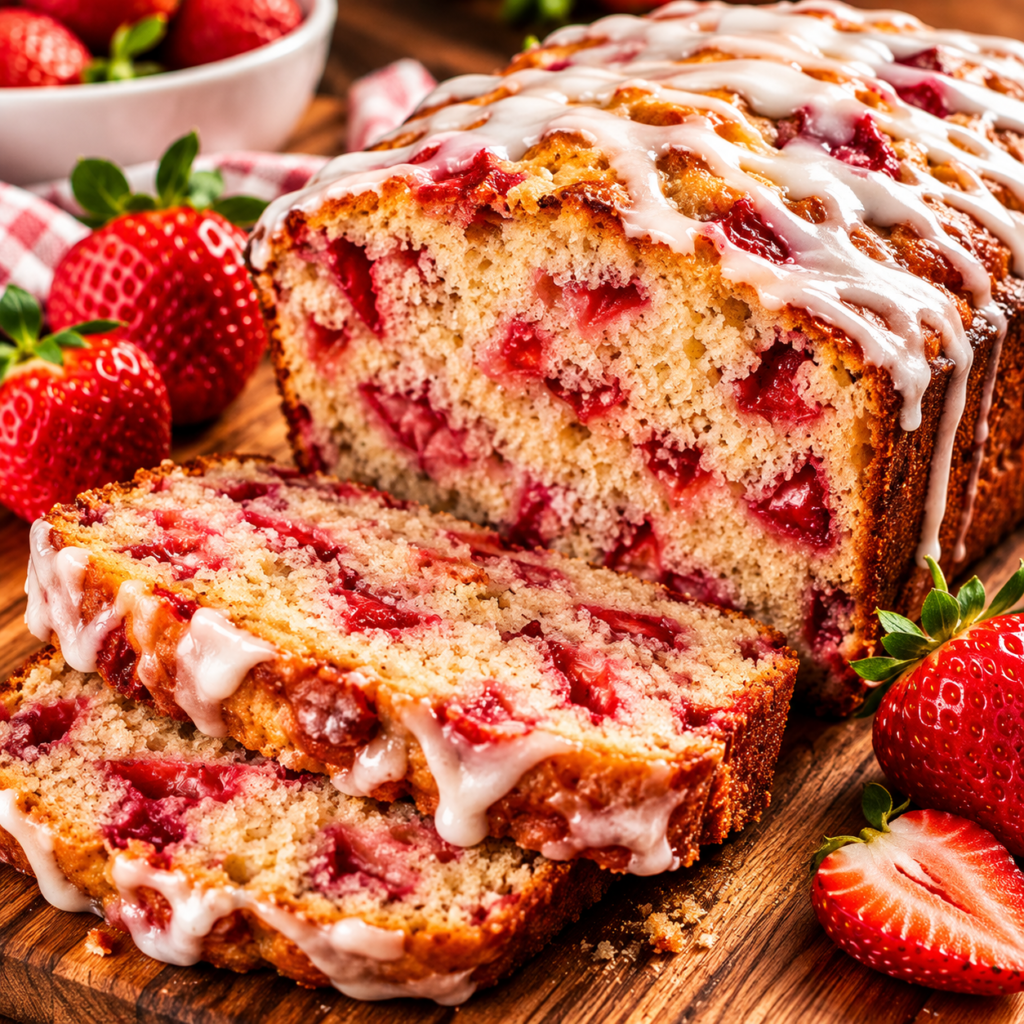 Moist strawberry breakfast bread sliced to show fresh strawberries throughout the soft crumb